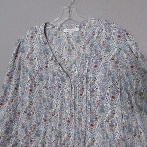 Rose + Olive Top Plus 1X Blue Floral V-Neck Pleated 3/4 Sleeve Peasant Boho